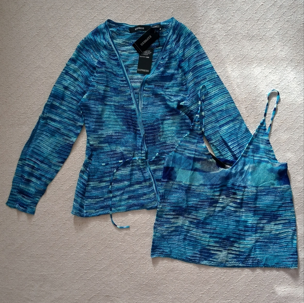 express blue space-dye knit y2k style crochet matching cardigan cami set medium